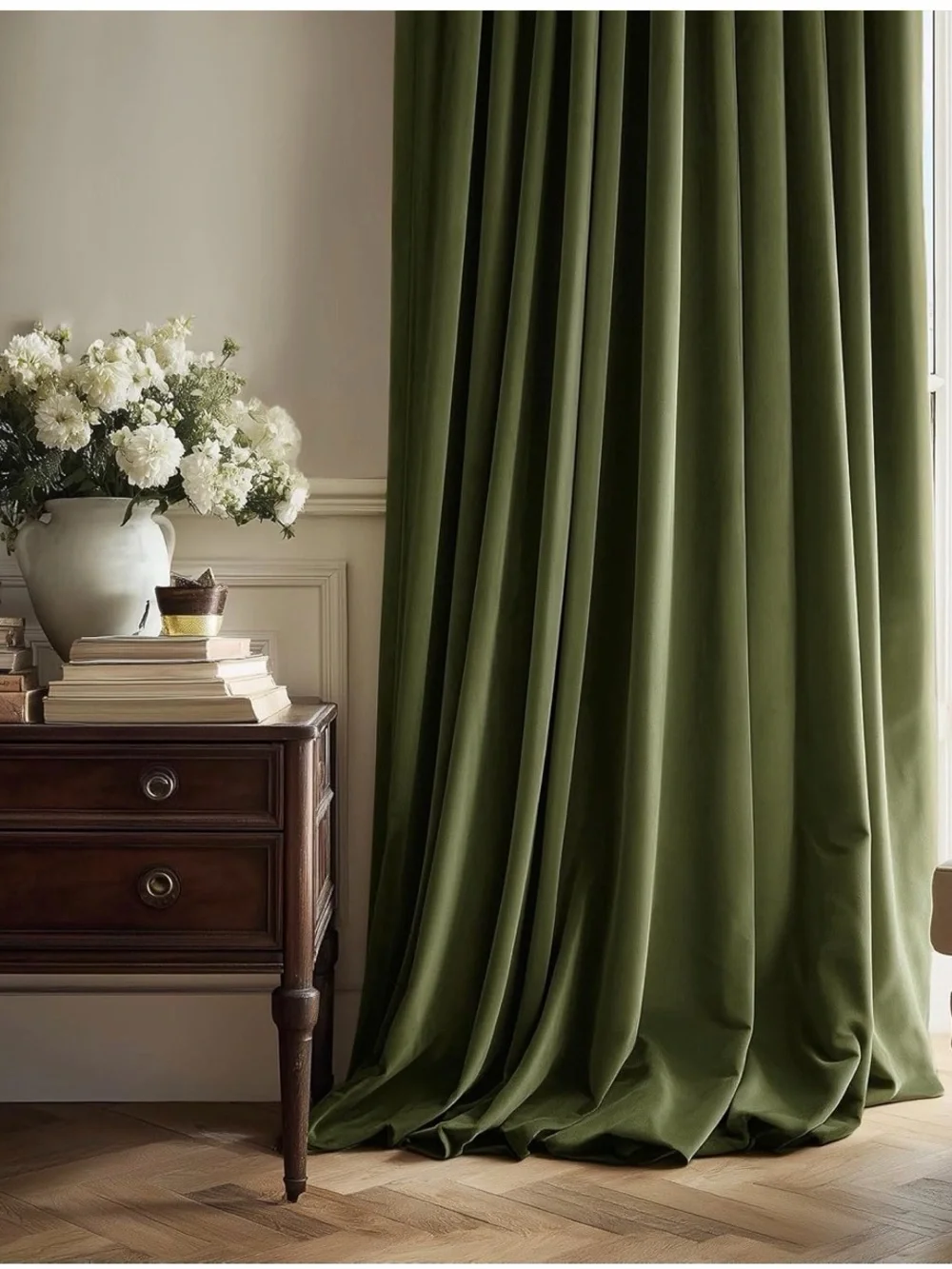 Olive Green Velvet Pinch Pleat Curtain Panel